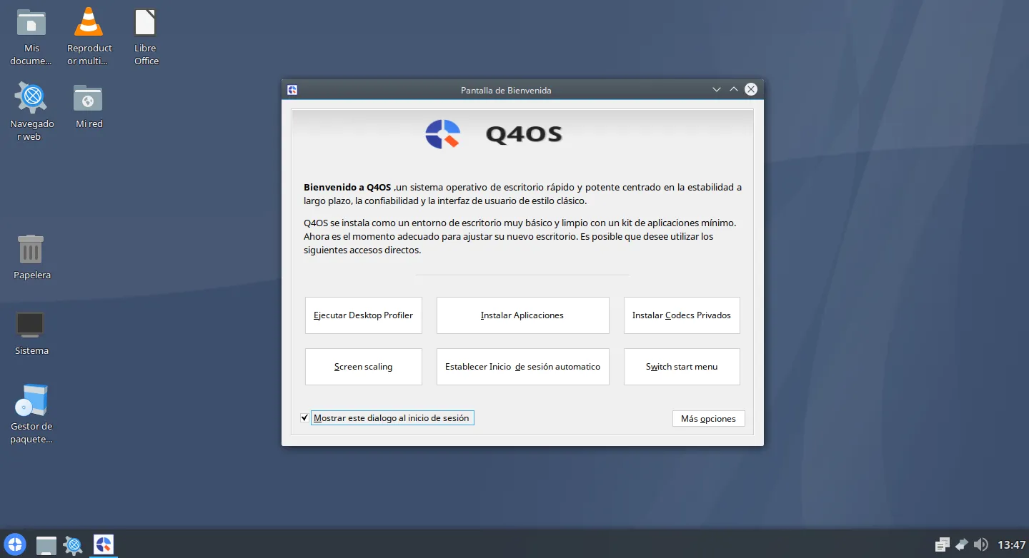 Q4OS Pantalla de Bienvenida