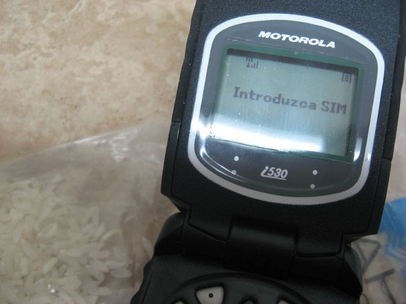 Este telefono mojado fue recuperado después de meterlo en arroz