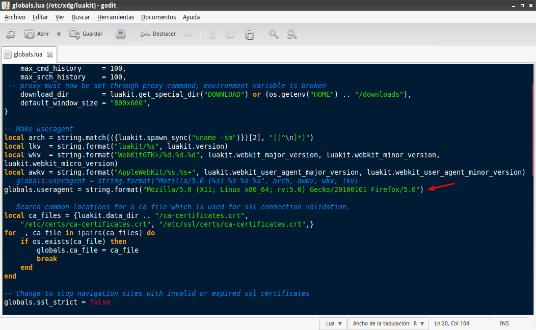 Editando el archivo de configuración de Luakit