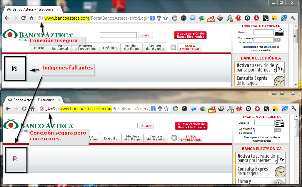 Conexión insegura en Banco Azteca