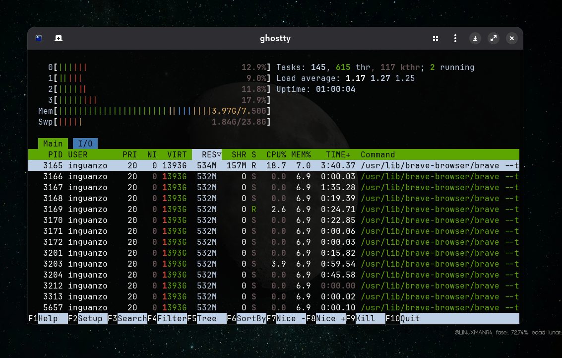 htop muestra el uso de la memoria RAM.