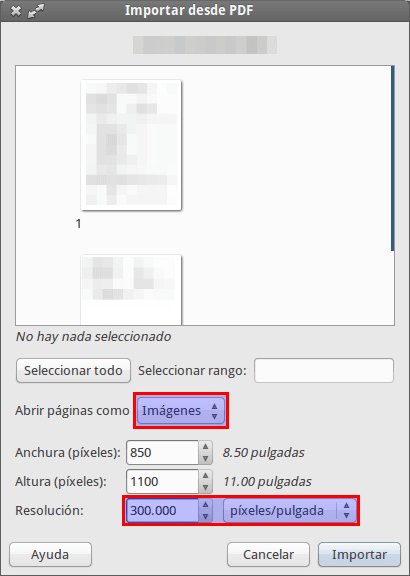 Importando el documento PDF en Gimp