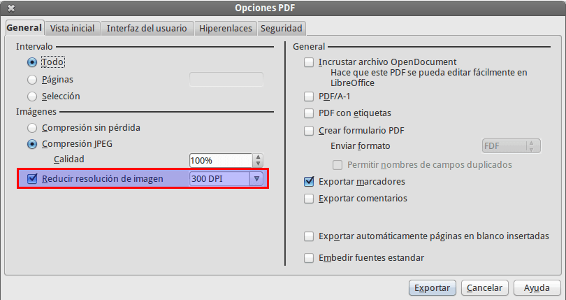 Opciones para exportar a PDF