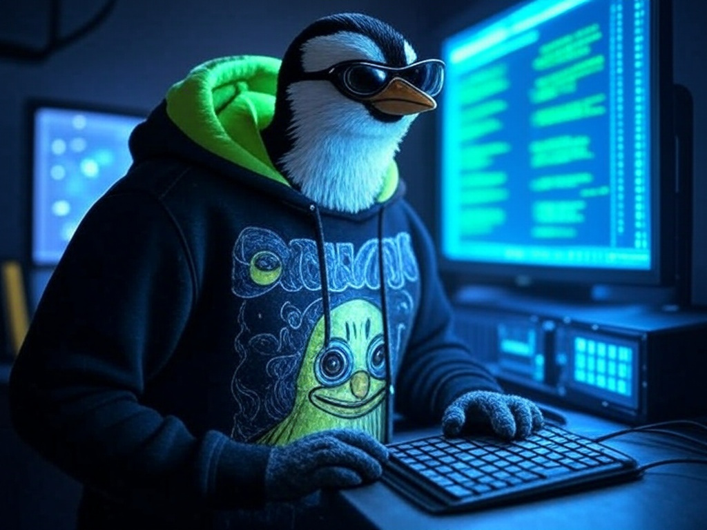 Un pingüino creando un programa para respaldar bases de datos mysql. 