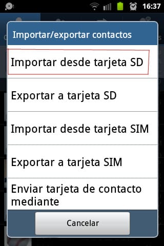 Importar desde tarjeta SD - Contactos Android