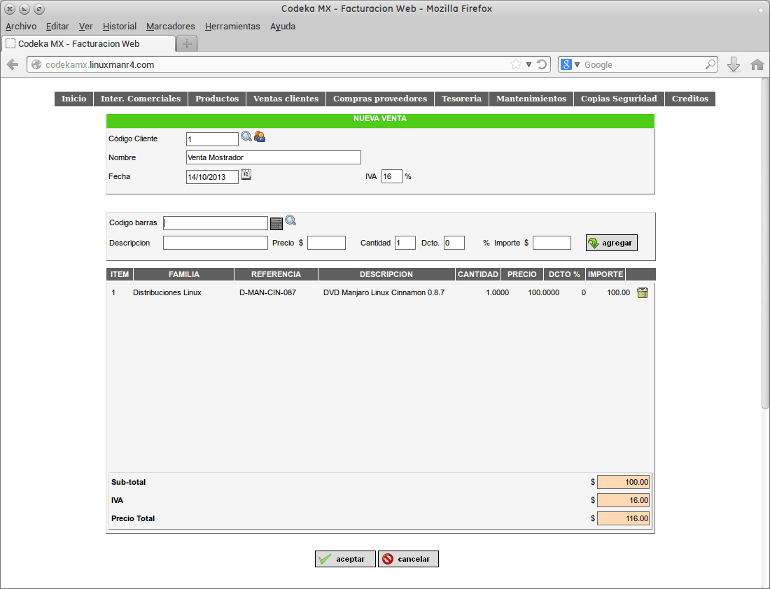 Codeka MX - Facturacion Web - Venta de mostrador