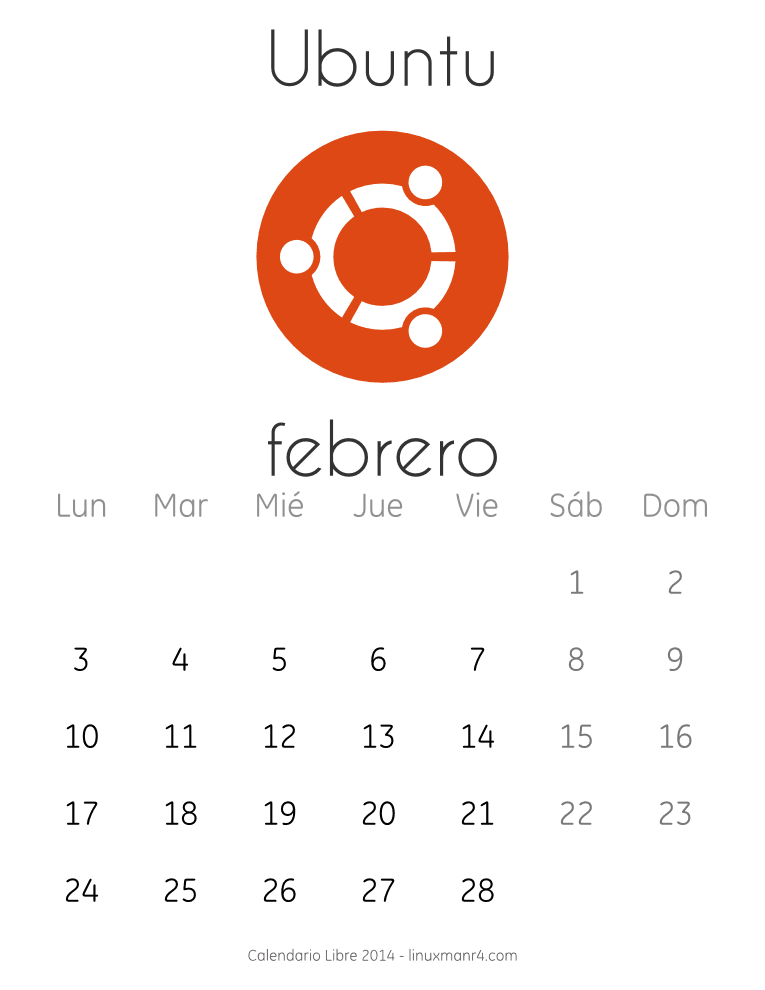 Calendario Libre 2014 Febrero Ubuntu