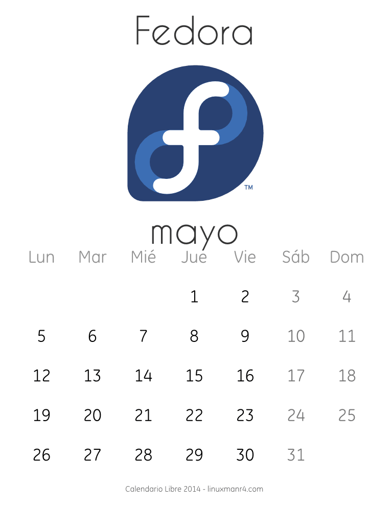 Calendario Libre 2014 Mayo Fedora