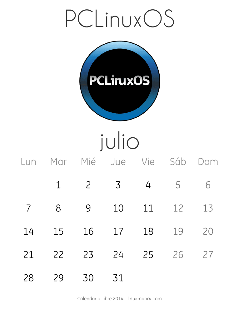Calendario Libre 2014 julio PCLinuxOS