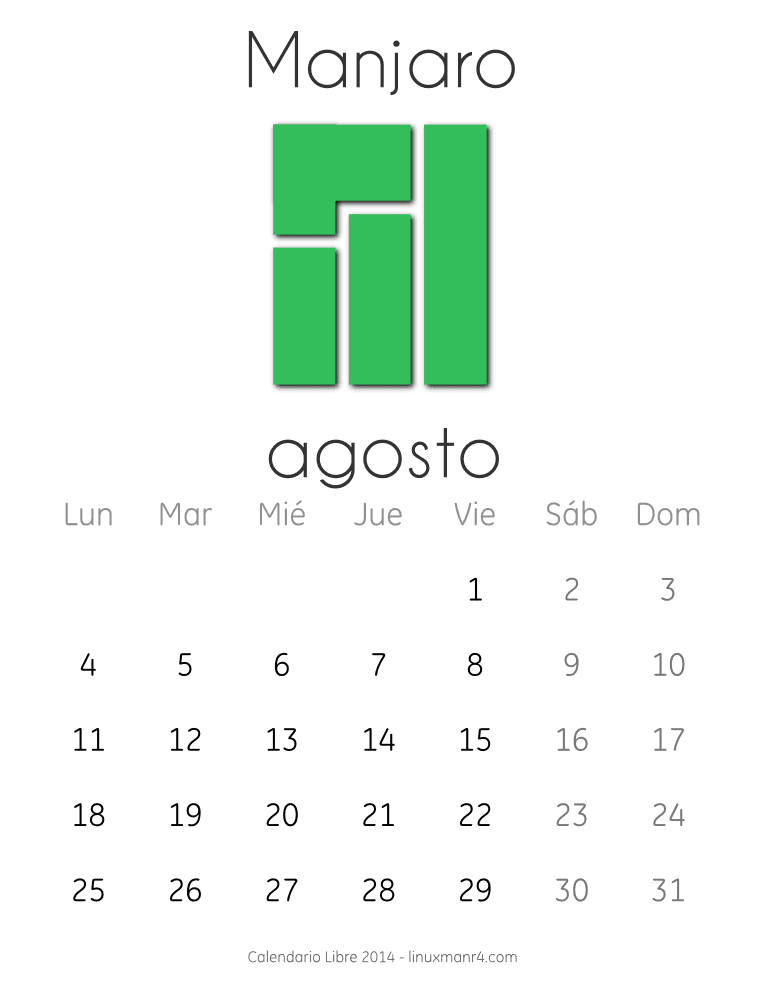 Calendario Libre 2014 agosto Manjaro
