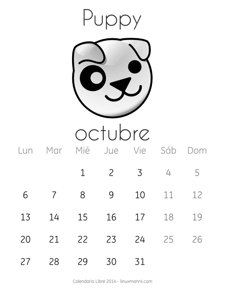 Calendario Libre 2014 octubre Puppy