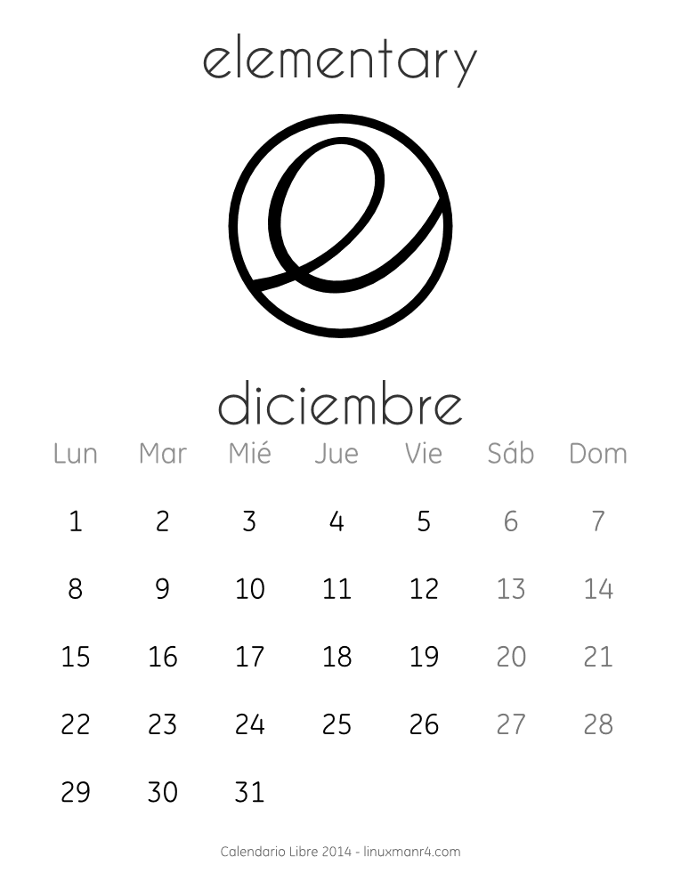 Calendario Libre 2014 diciembre elementary