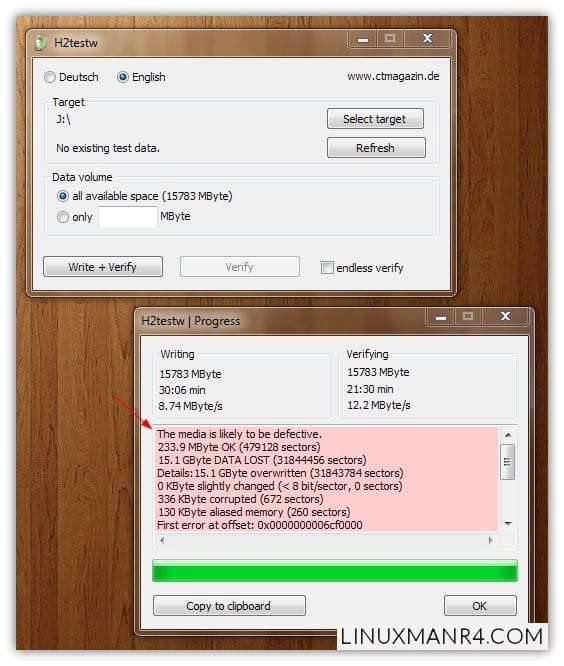 Resultados de h2testw