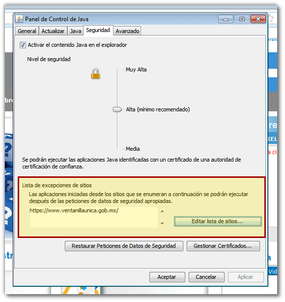 Lista de excepciones de sitios