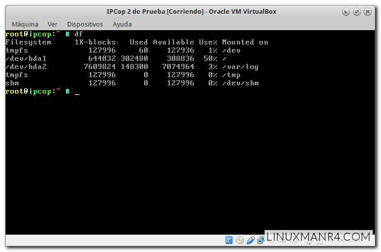 Espacio libre de las particiones con el IPCop 2 recién instalado