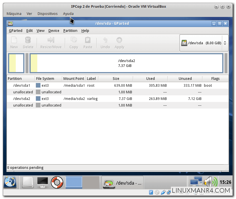 Información que muestra Gparted con IPCop 2 recién instalado