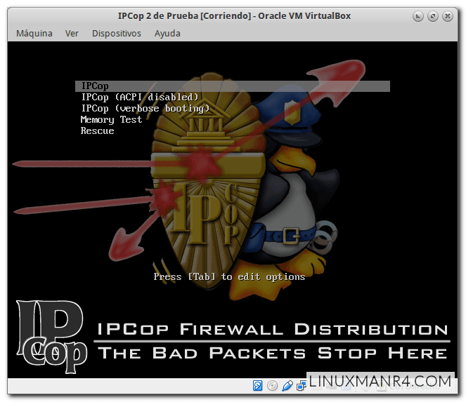Primer arranque de IPCop después de los cambios en las particiones