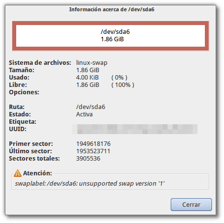 advertencia swaplabel swap version 1