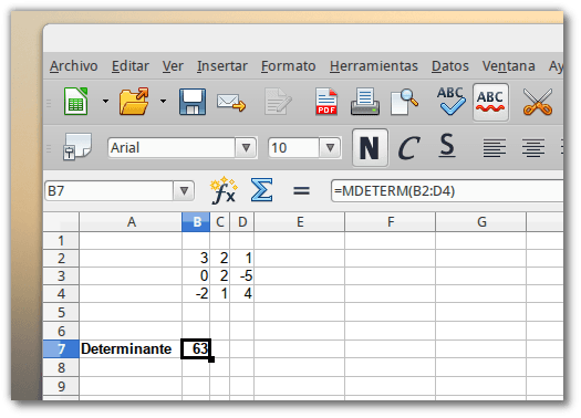 Calcular el determinante de una matriz 3x3 usando libre office 