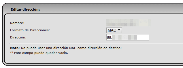 Agregando una dirección MAC de un equipo a bloquear