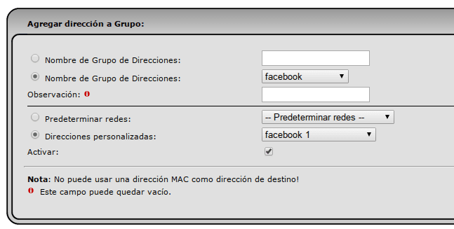 agregando direcciones al grupo de facebook
