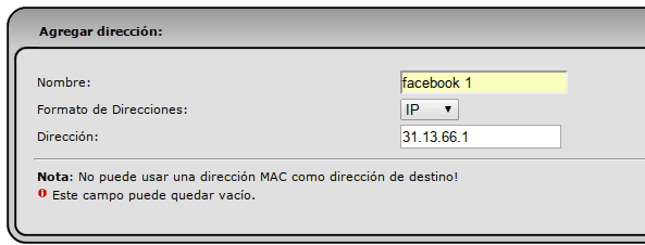agregar una dirección ip de facebook
