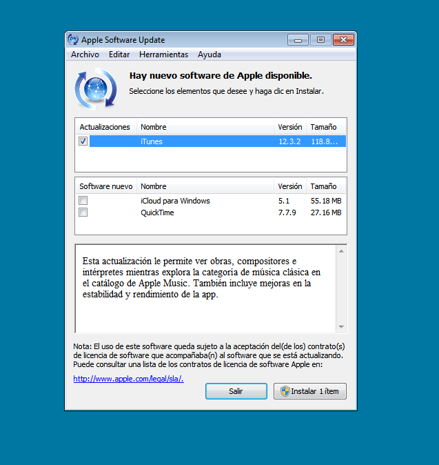 Apple Software Update mostrando la actualización problemática.
