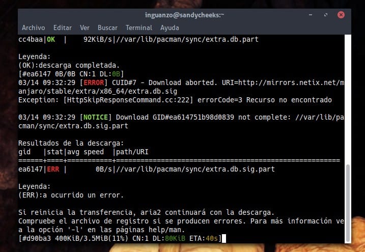 aria2 funcionando como manejador de descargas de pacman