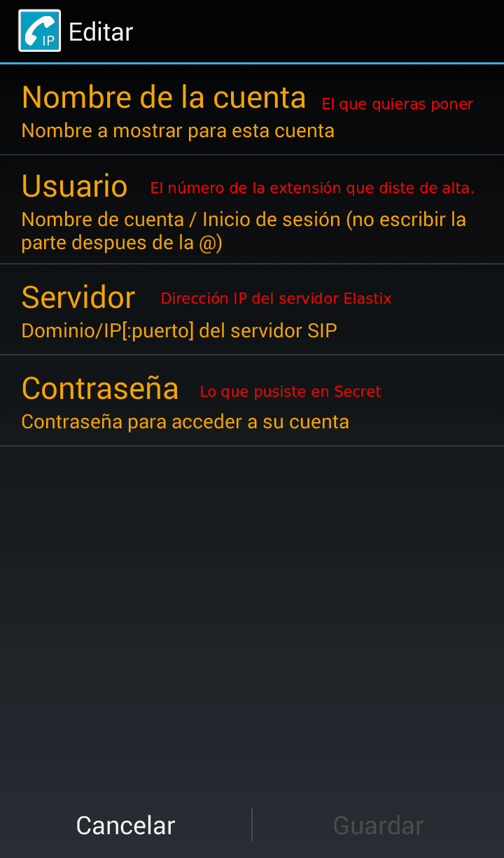 Opciones de configuración de la cuenta