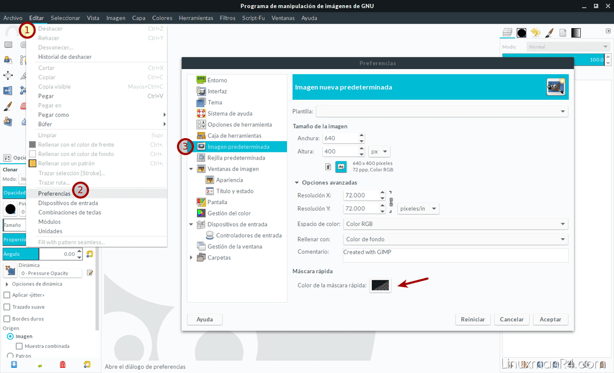 Opciones de máscara rápida en GIMP