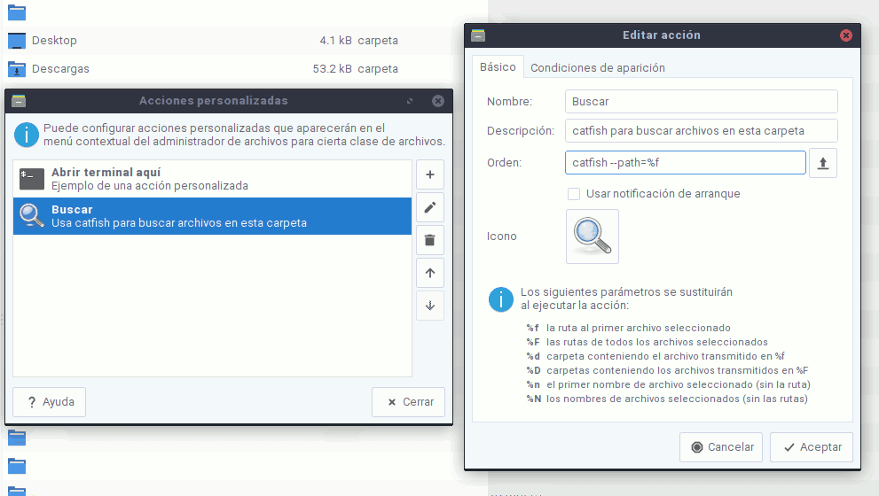 Editar acción Acciones personalizadas Thunar