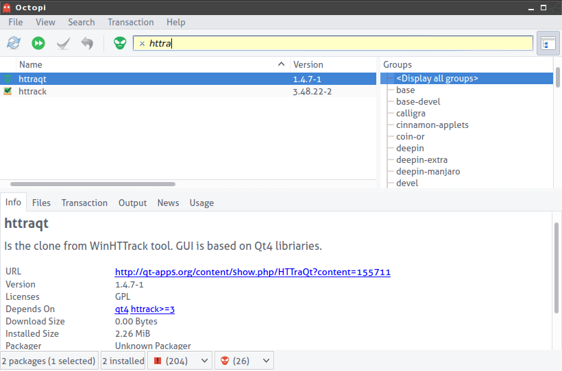 Buscando los programas de httrack con Octopi.