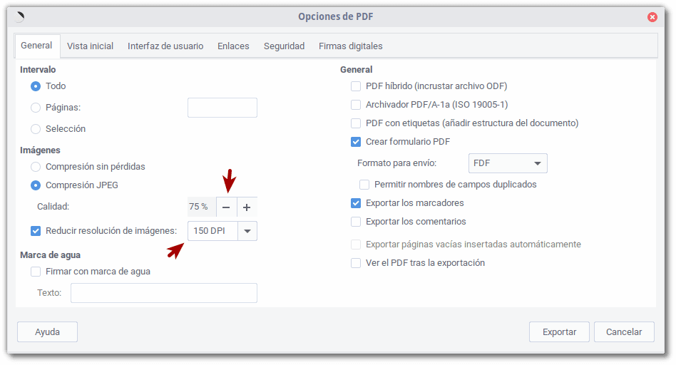 Opciones de exportación a PDF