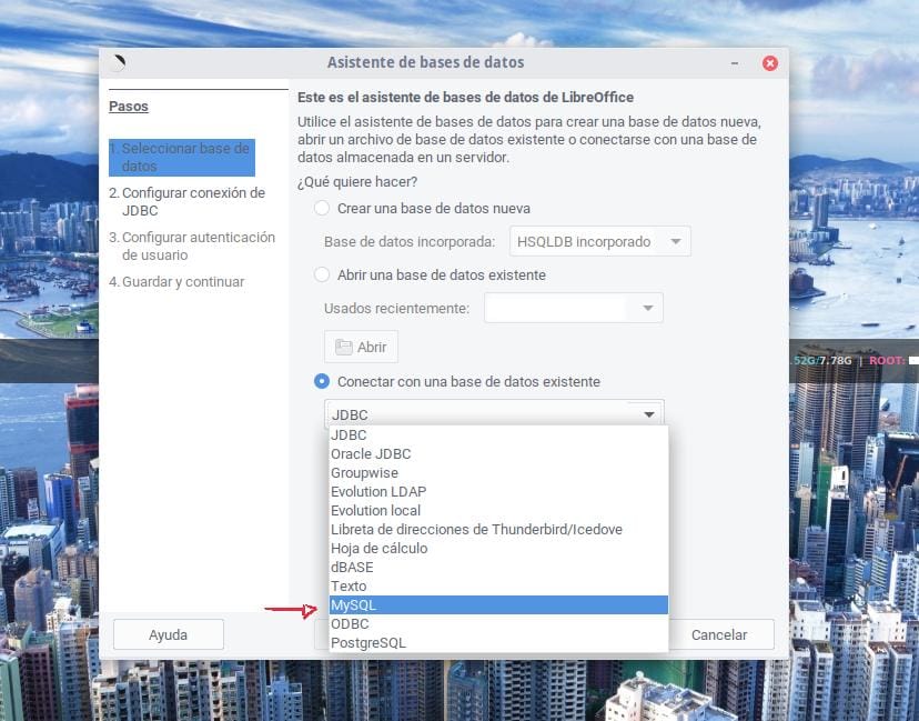 Conectar a una base de datos existente MySQL en LibreOffice
