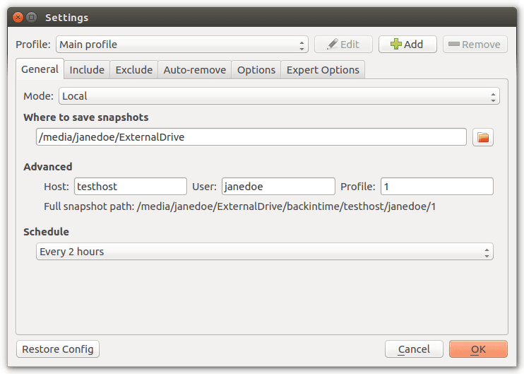 Configuración de un respaldo con Back in Time.