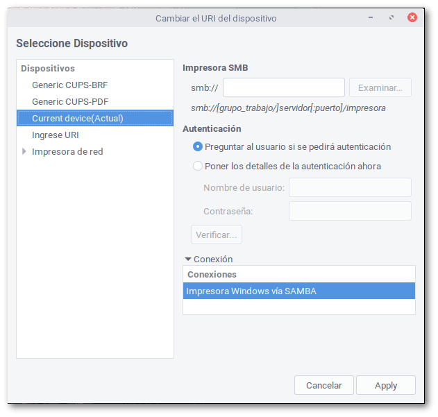 Cambiar el URI del dispositivo