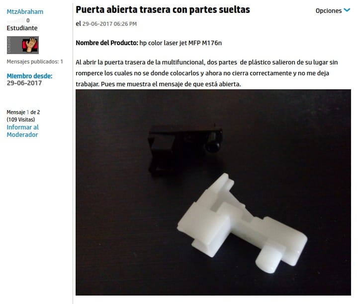 La solicitud de ayuda en los foros de HP. Muestra la famosa pieza blanca.