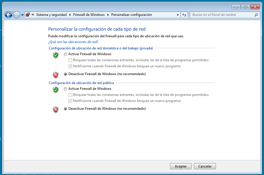 Firewall desactivado - No se encontró el candado Microsip.