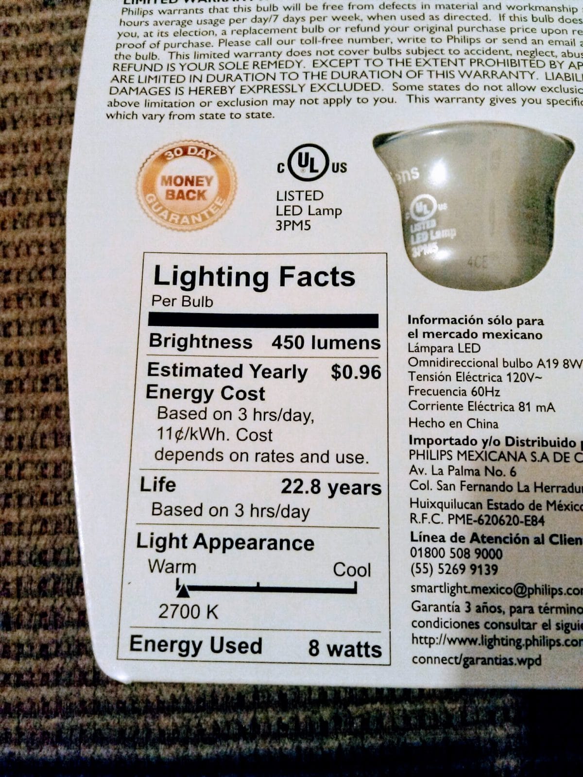 Información técnica de un foco LED.