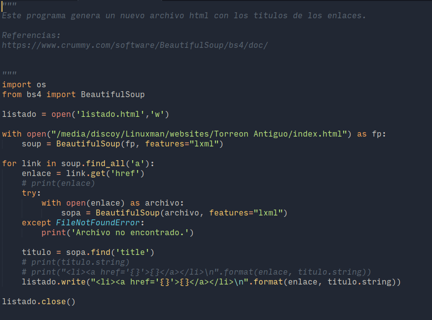 El código en Python que logró mejorar la descripción de los enlaces. 