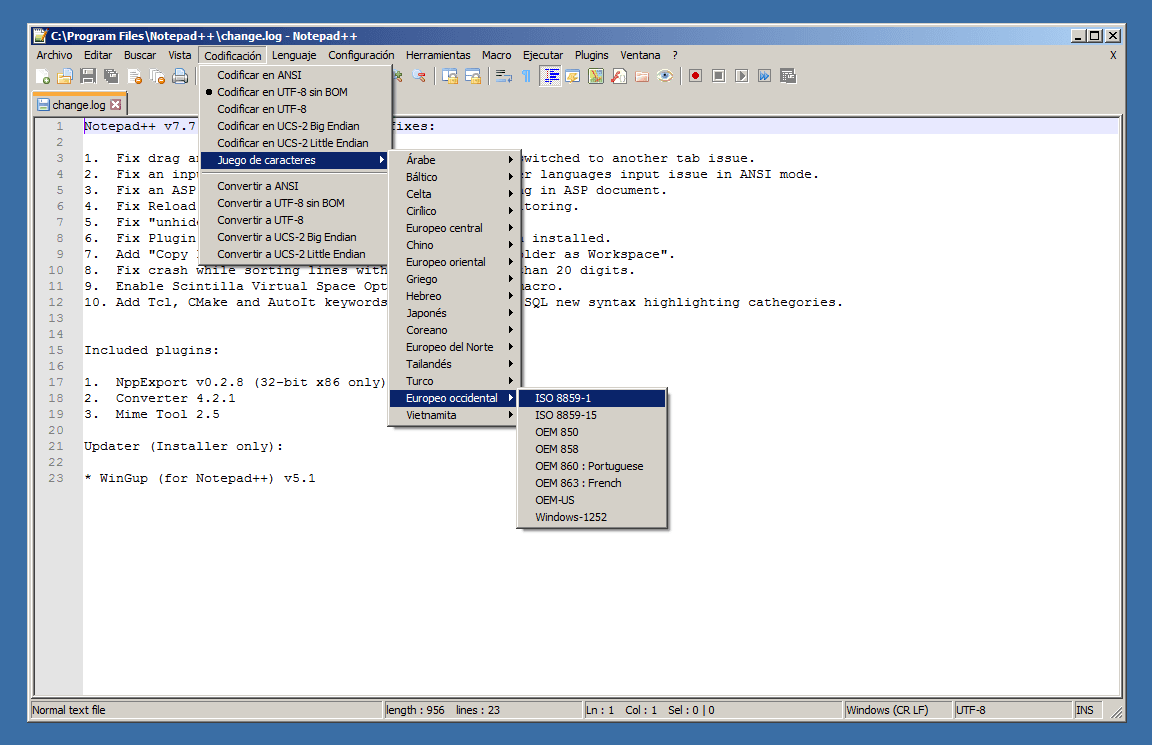 Notepad++ mostrando las opciones de codificación.