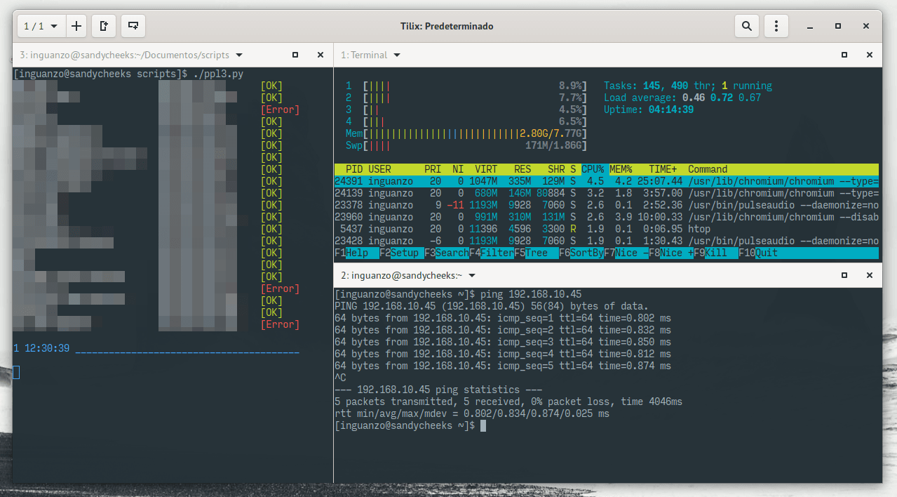 Tilix con su mosaico de terminales.