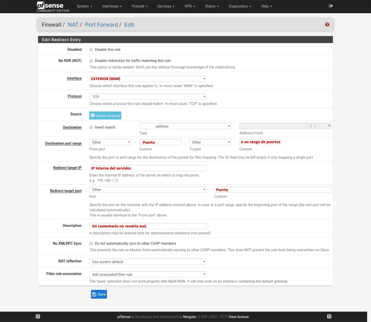 Agregando la regla del redireccionamiento de puertos.
