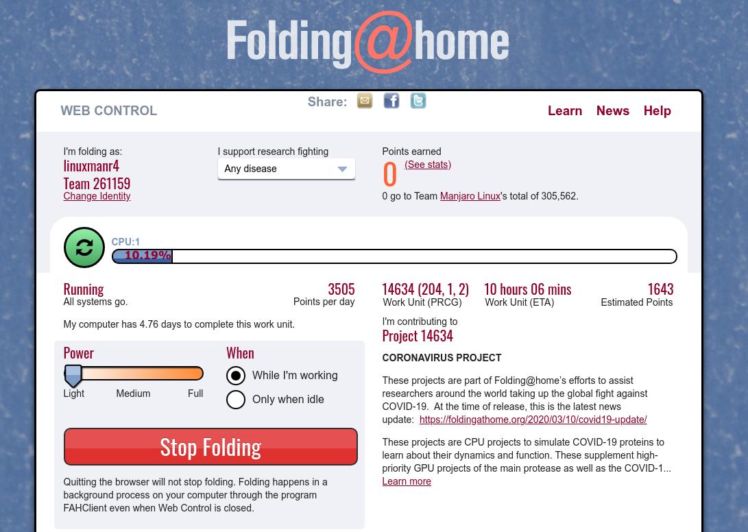 Panel de control de la aplicación.