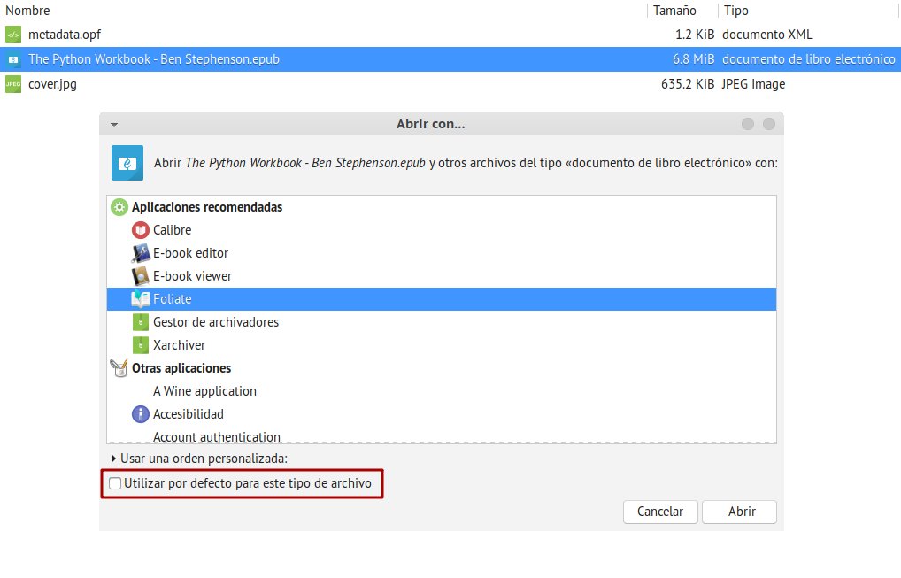 Foliate como lector predeterminado de archivos EPUB.
