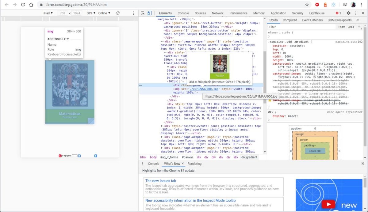 Inspección de la página donde se encuentra el libro para obtener la carpeta donde se almacenan las imágenes.