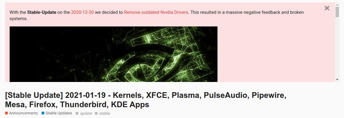 El anuncio en los foros de Manjaro explicando el problema con los drivers de nvidia.