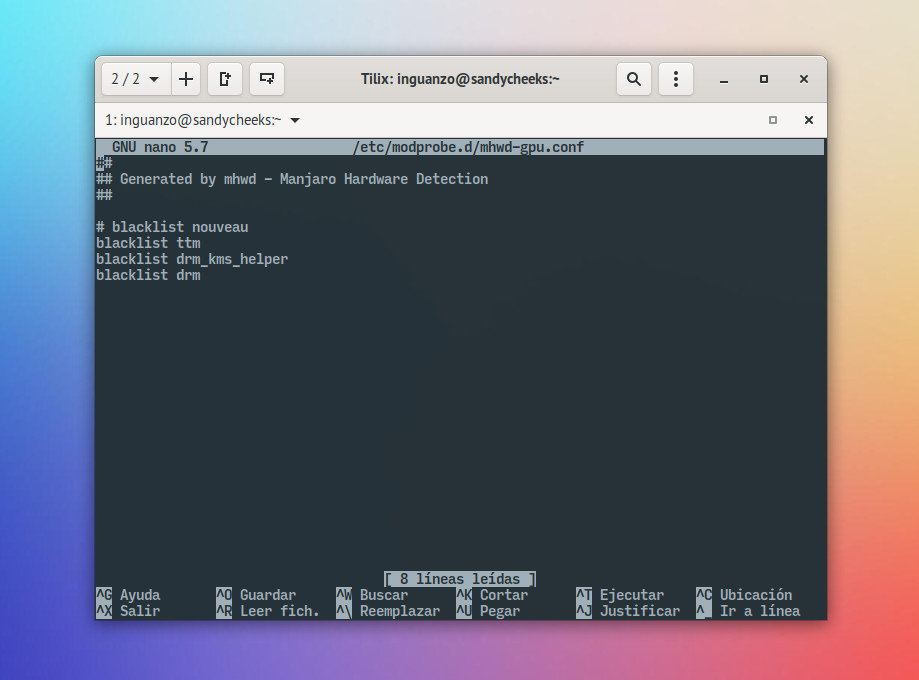 nouveau en la lista negra del archivo mhwd-gpu.conf