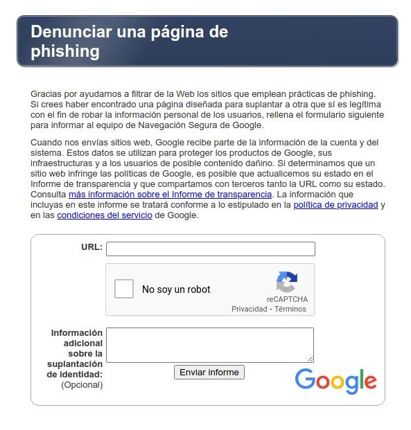 Reportar a Google un sitio fraudulento.