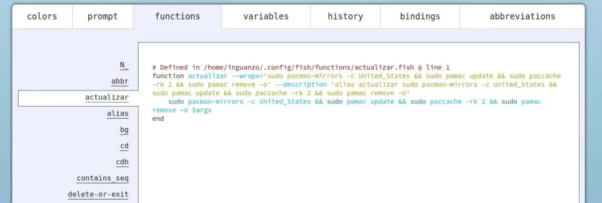 lista de funciones o alias declarados en fish.